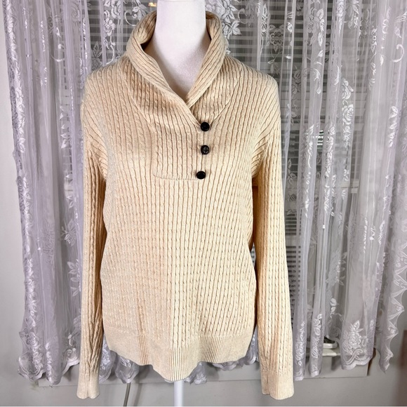 JEANNE PIERRE Sweaters - Super Cute Jeanne Pierre Cable Knit Shawl Collar Sweater Accent Buttons, EC Med